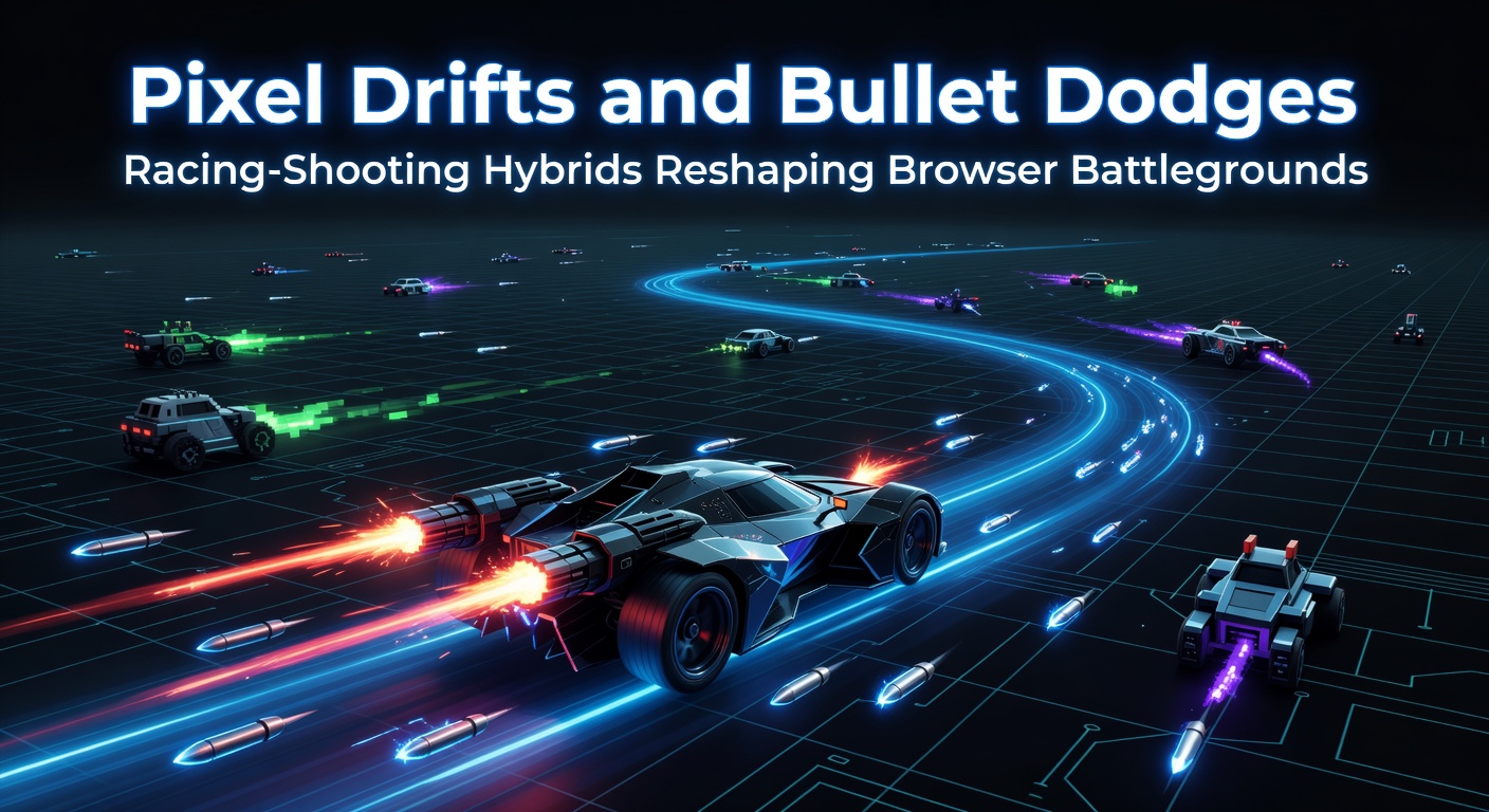 Dynamisches Screenshot eines Renn-Schuss-Hybrid-Browserspiels mit driftenden Fahrzeugen und Schusswechseln in einer pixeligen Arena